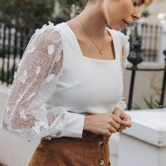 Tops - white butterfly square neck sheer long sleeve top